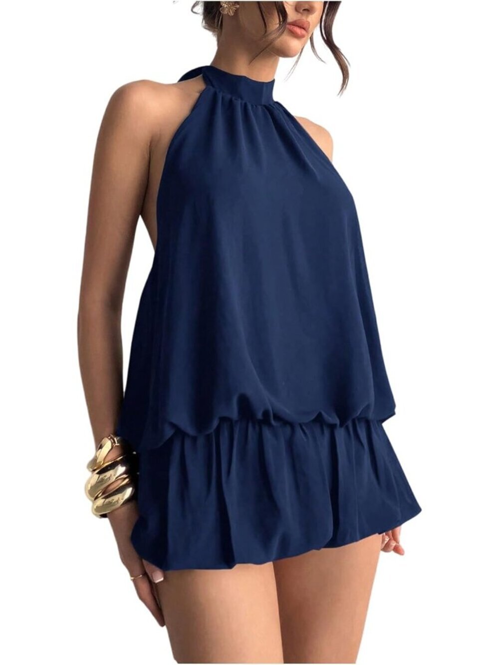 〽️Women's Dark Blue Tie Open Back Sleeveless Ruffle Hem Polyester Halter Dress